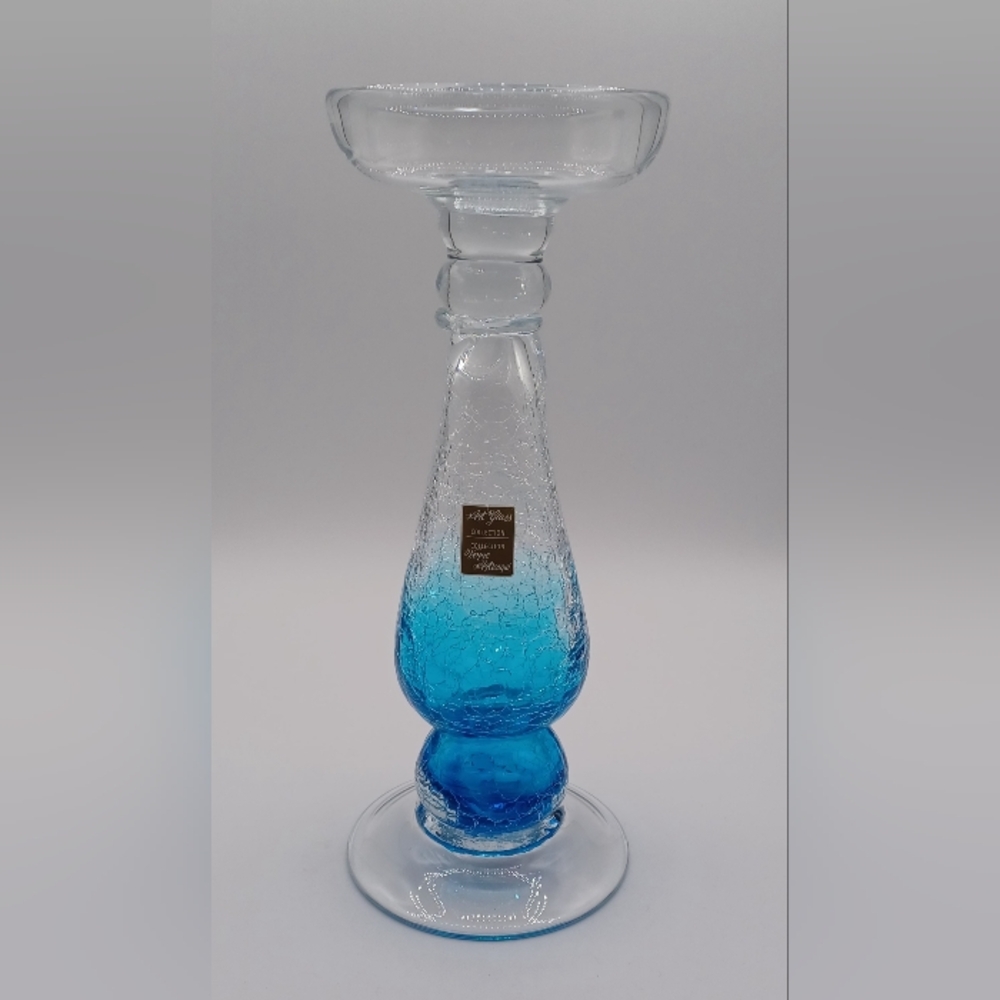 Verre Artisanal Art Cracked Blue/Teal & Clear Glass Candle Holder 12" Tall
